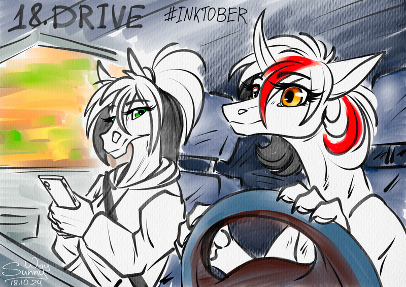 Size: 1600x1130 | Tagged: safe, artist:sunny way, derpibooru import, oc, oc:alirfesta felastis, oc:sunny way, anthro, horse, ki'rinaes, original species, pony, anthro horse, art, artwork, car, digital art, drive, duo, female, furry, image, inktober, inktober 2024, mare, png, sketch