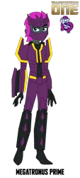 Size: 900x2000 | Tagged: safe, artist:robertsonskywa1, derpibooru import, equestria girls, g4, arm cannon, armor, decepticon, equestria girls-ified, image, male, mask, megatronus prime, photo, png, simple background, solo, solo male, text, thirteen primes, transformers, transformers one, transparent background