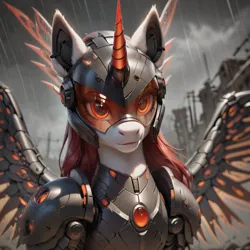 Size: 1024x1024 | Tagged: safe, ai content, derpibooru import, machine learning generated, stable diffusion, pony, alicorn armor, armor, generator:pony diffusion v6 xl, image, png, prompter:teonanakatle, solo, wasteland