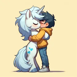 Size: 1024x1024 | Tagged: safe, ai content, derpibooru import, machine learning generated, oc, human, unicorn, black hair, blushing, clothes, cute, cutie mark, denim, duo, eyes closed, generator:bing image creator, generator:dall-e 3, grey hooves, horn, hug, image, jeans, jpeg, kiss on the lips, kissing, pants, shading, simple, simple background, tan skin, unicorn oc, white fur, white mane, white shoes, yellow background, yellow hoodie