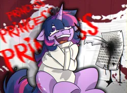 Size: 2732x2000 | Tagged: semi-grimdark, artist:b(r)at, derpibooru import, twilight sparkle, pony, unicorn, g4, blood, bondage, derp, female, horn, image, insanity, laughing, laughing mad, madness mantra, paper, png, quill, solo, song reference, straitjacket, this will end in death, this will end in tears, this will end in tears and/or death, unicorn twilight, writing