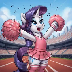 Size: 1024x1024 | Tagged: safe, ai content, derpibooru import, machine learning generated, prompter:thelight3d, stable diffusion, rarity, unicorn, g4, bipedal, city, clothes, day, generator:pony diffusion v6 xl, horn, image, jpeg, outdoors, pom pom, singing, socks, stadium, stockings, thigh highs