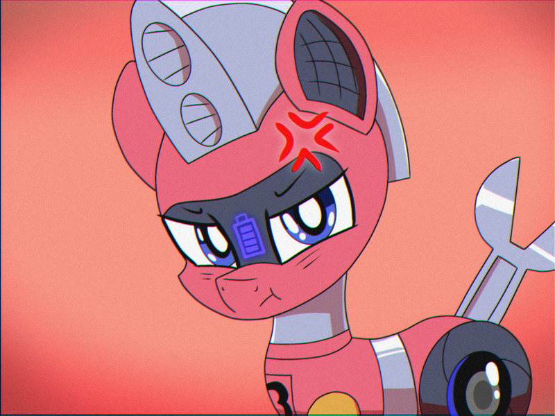 Size: 1440x1080 | Tagged: safe, derpibooru import, oc, oc:trackhead, pony, robot, robot pony, cross-popping veins, emanata, grumpy, half body, image, looking at you, png, puffy cheeks