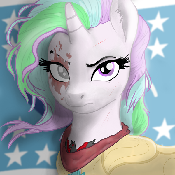 Size: 1024x1024 | Tagged: safe, artist:minecake, derpibooru import, oc, oc:cake sparkle, unofficial characters only, pony, unicorn, equestria at war mod, alicorn amulet, armor, bandana, blind eye, burn marks, bust, flag background, flag of equestria, horn, image, png, portrait, royal guard, royal guard armor, solo