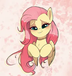 Size: 1137x1200 | Tagged: safe, artist:inkypuso, derpibooru import, fluttershy, pegasus, pony, g4, abstract background, blushing, bust, cute, female, folded wings, hooves together, image, jpeg, looking at you, looking down, mare, smiling, smiling at you, solo, solo female, wings