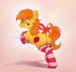 Size: 2150x2058 | Tagged: safe, artist:itssim, derpibooru import, braeburn, earth pony, pony, g4, bow, braebutt, butt, clothes, ear fluff, image, jpeg, looking at you, male, missing accessory, missing hat, shoulder fluff, smiling, socks, stallion, tail, tail bow