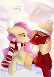 Size: 888x1265 | Tagged: suggestive, artist:bambudess, derpibooru import, fluttershy, oc, oc:soul harmony, pegasus, pony, g4, beanie, blushing, canon x oc, clothes, drool, drool string, female, hat, image, jpeg, looking at each other, looking at someone, lying down, male, mare, prone, scarf, shipping, soulshy, stallion, straight, winter