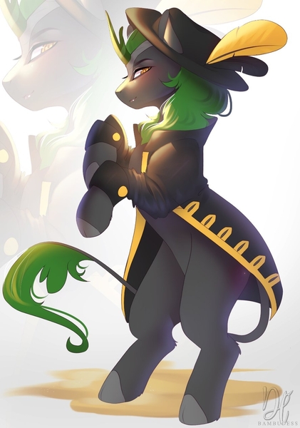 Size: 888x1265 | Tagged: safe, artist:bambudess, derpibooru import, oc, unofficial characters only, kirin, clothes, cloven hooves, coat, curved horn, hat, horn, image, jpeg, leonine tail, pirate, pirate costume, rearing, solo, tail