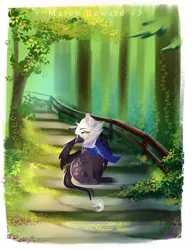 Size: 977x1265 | Tagged: safe, artist:bambudess, derpibooru import, oc, unofficial characters only, gryphon, clothes, forest, image, jpeg, nature, scarf, solo, tree