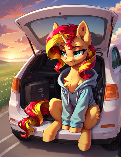 Size: 1000x1296 | Tagged: safe, ai content, derpibooru import, machine learning generated, prompter:lagerai, stable diffusion, sunset shimmer, pony, unicorn, g4, car, chest fluff, clothes, cloud, ear fluff, female, generator:pony diffusion v6 xl, grass, grass field, hoodie, horn, image, lidded eyes, looking sideways, luggage, mare, outdoors, png, road, sitting, sky, solo, sunset, trunk