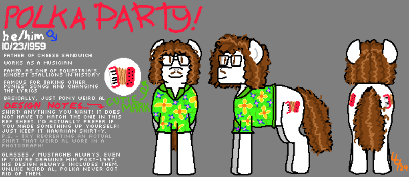 Size: 5950x2570 | Tagged: safe, artist:44nifty, derpibooru import, oc, oc:polka party, unofficial characters only, earth pony, pony, accordion, brown eyes, brown mane, brown tail, clothes, curly mane, curly tail, cutie mark, facial hair, glasses, gray background, hawaiian shirt, image, moustache, musical instrument, png, ponified music artist, ponified musician, pronouns, reference sheet, shirt, signature, simple background, solo, tail, weird al yankovic, white coat