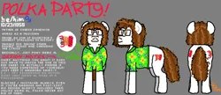 Size: 5950x2570 | Tagged: safe, artist:44nifty, derpibooru import, oc, oc:polka party, unofficial characters only, earth pony, pony, accordion, brown eyes, brown mane, brown tail, clothes, curly mane, curly tail, cutie mark, facial hair, glasses, gray background, hawaiian shirt, image, moustache, musical instrument, png, ponified music artist, ponified musician, pronouns, reference sheet, shirt, signature, simple background, solo, tail, weird al yankovic, white coat