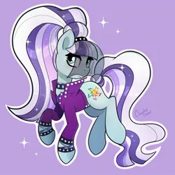 Size: 2048x2042 | Tagged: safe, artist:chaoticcr0w, derpibooru import, coloratura, earth pony, pony, g4, clothes, countess coloratura, female, hair up, image, jpeg, light purple background, mare, outfit, raised hoof, raised hooves, solo, solo female, sparkles