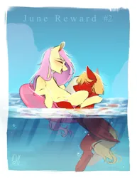 Size: 977x1265 | Tagged: suggestive, artist:bambudess, derpibooru import, fluttershy, oc, oc:soul harmony, pegasus, pony, g4, between legs, canon x oc, female, image, inner tube, jpeg, male, mare, ocean, pool toy, shipping, soulshy, stallion, straight, swimming, water