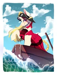 Size: 977x1265 | Tagged: safe, artist:bambudess, derpibooru import, oc, unofficial characters only, pony, snake, unicorn, boat, braid, braided tail, clothes, dress, female, hat, horn, image, jpeg, mare, pirate hat, ship, solo, tail