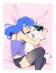 Size: 977x1265 | Tagged: safe, artist:bambudess, derpibooru import, oc, unofficial characters only, human, pony, unicorn, clothes, cuddling, duo, female, horn, human female, image, jpeg, male, shorts, sleeping, socks, spooning, stallion