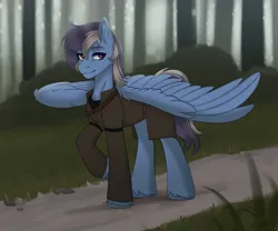 Size: 3000x2500 | Tagged: safe, artist:enderbee, derpibooru import, oc, oc:silver lightning, unofficial characters only, pegasus, pony, clothes, commission, forest, full body, image, male, nature, png, solo, spread wings, stallion, tree, wings