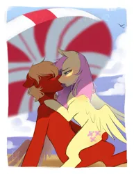 Size: 977x1265 | Tagged: suggestive, artist:bambudess, derpibooru import, fluttershy, oc, oc:soul harmony, bird, pegasus, pony, g4, beach, beach umbrella, canon x oc, duo, female, image, jpeg, kissing, male, mare, shipping, sitting on lap, soulshy, stallion, straight, umbrella