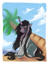 Size: 977x1265 | Tagged: safe, artist:bambudess, derpibooru import, oc, unofficial characters only, pony, unicorn, beach, female, horn, image, jpeg, mare, ocean, palm tree, solo, tree, water