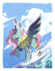 Size: 977x1265 | Tagged: safe, artist:bambudess, derpibooru import, kerfuffle, pegasus, pony, g4, amputee, female, image, jpeg, mare, ocean, prosthetic leg, prosthetic limb, prosthetics, solo, spread wings, water, wings