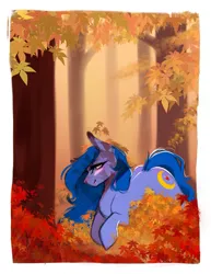 Size: 977x1265 | Tagged: safe, artist:bambudess, derpibooru import, oc, oc:shadow blue, unofficial characters only, earth pony, pony, autumn leaves, female, forest, image, jpeg, leaf, leaves, mare, nature, solo, tree