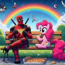 Size: 1024x1024 | Tagged: safe, ai content, derpibooru import, machine learning generated, prompter:bluey2309, pinkie pie, bird, human, bench, deadpool, eating, food, image, marvel, park, pizza, png, rainbow, superhero