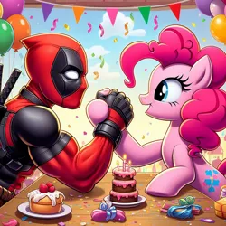 Size: 1024x1024 | Tagged: safe, ai content, derpibooru import, machine learning generated, prompter:bluey2309, pinkie pie, g4, arm wrestling, birthday cake, birthday park, cake, deadpool, female, food, image, male, marvel, party, png