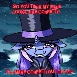 Size: 1000x1000 | Tagged: safe, artist:jusussi, derpibooru import, oc, oc:flawless sparklemoon, unofficial characters only, pony, unicorn, cloak, clothes, confetti, female, fusion, fusion:trixie, fusion:twilight sparkle, fusion:twixie, hat, horn, image, looking at you, mare, my little pony the movie: the death of twilight sparkle, png, smiling, solo, starry eyes, top hat, wingding eyes