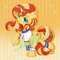 Size: 2048x2048 | Tagged: safe, artist:co306012, derpibooru import, sunset shimmer, pony, unicorn, g4, clothes, ear fluff, female, gradient background, horn, image, jpeg, leg band, looking at you, mare, patterned background, raised hoof, shirt, smiling, solo, sparkles, t-shirt, text