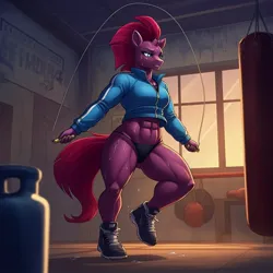 Size: 1024x1024 | Tagged: safe, ai content, derpibooru import, generator:google imagen 3.0, machine learning generated, prompter:zerowinger, fizzlepop berrytwist, tempest shadow, anthro, plantigrade anthro, unicorn, g4, abs, bikini, bikini bottom, broken horn, clothes, female, gym, horn, image, jacket, jpeg, jump rope, muscles, muscular female, shoes, sneakers, solo, sweat, sweating profusely, swimsuit, temple shadow, track jacket, workout