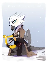 Size: 1954x2530 | Tagged: safe, artist:bambudess, derpibooru import, oc, unofficial characters only, gryphon, cloak, clothes, image, lyre, musical instrument, png, snow, snowfall, solo