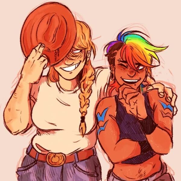 Size: 897x897 | Tagged: safe, artist:poltergrease, derpibooru import, applejack, rainbow dash, human, g4, alternate hairstyle, appledash, applejack's hat, belly, belly button, belt, belt buckle, blushing, bra, braid, braided ponytail, butch, butch lesbian, clothes, cowboy hat, crop top bra, denim, digital art, duo, duo female, ear piercing, eyebrow piercing, female, floppy ears, hair design, hand on shoulder, happy trail, hat, hat off, hat tip, humanized, image, jeans, jpeg, laughing, lesbian, looking at each other, looking at someone, midriff, multicolored hair, muscles, muscular female, open mouth, open smile, pants, piercing, plug earrings, ponytail, rainbow hair, shaved head, shaved sides, shipping, shirt, simple background, smiling, smiling at each other, stetson, t-shirt, tanktop, tattoo, toothy grin, underwear, white background, wing tattoo, woman, wrist cuffs