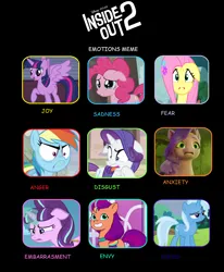 Size: 1214x1470 | Tagged: safe, derpibooru import, fluttershy, pinkie pie, pipp petals, rainbow dash, rarity, starlight glimmer, sunny starscout, trixie, twilight sparkle, twilight sparkle (alicorn), alicorn, g4, g5, cast meme, image, inside out 2, png