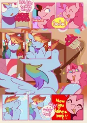 Size: 1413x2000 | Tagged: safe, artist:piesinful, derpibooru import, pinkie pie, rainbow dash, pegasus, pony, comic:unlucky day, fanfic:cupcakes, g4, :3, :o, blushing, candy, candy cane, comic, cupcake, dialogue, duo, duo female, eating, eyebrows, eyebrows visible through hair, eyes closed, female, floating heart, folded wings, food, gulp, heart, image, indoors, jpeg, mare, motion lines, no catchlights, open mouth, open smile, raised eyebrow, shrug, smiling, sparkles, sparkly eyes, speech bubble, spread wings, sugarcube corner, talking, text, wingding eyes, wings