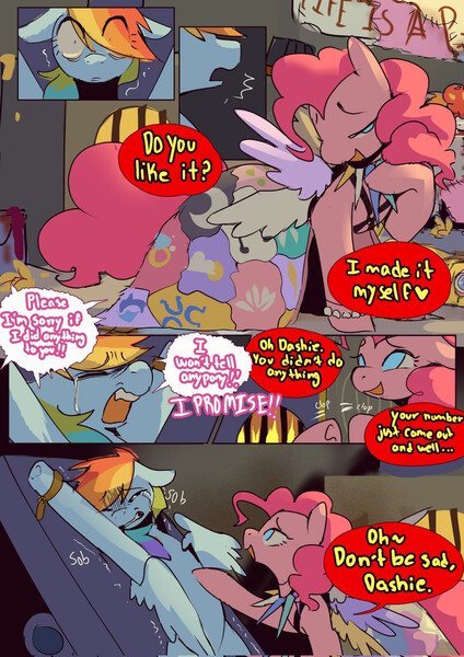 Size: 1414x2000 | Tagged: semi-grimdark, artist:piesinful, derpibooru import, pinkie pie, rainbow dash, earth pony, pegasus, pony, comic:unlucky day, fanfic:cupcakes, g4, body parts, clapping, clothes, comic, crying, cutie mark dress, dialogue, dress, duo, emanata, eye clipping through hair, eyebrows, eyebrows visible through hair, fangs, female, furnace, horn, horn necklace, image, jewelry, jpeg, lidded eyes, mare, motion lines, multiple wings, necklace, no catchlights, open mouth, open smile, restrained, shaking, shrunken pupils, smiling, sobbing, speech bubble, spread eagle, talking, text, wide eyes, wing shelter, wings