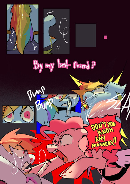 Size: 1413x2000 | Tagged: semi-grimdark, artist:piesinful, derpibooru import, pinkie pie, rainbow dash, earth pony, pegasus, pony, comic:unlucky day, fanfic:cupcakes, g4, abuse, blood, body parts, comic, crying, dashabuse, dialogue, duo, eye clipping through hair, eyebrows, eyebrows visible through hair, female, horn, horn necklace, image, jewelry, jpeg, mare, multiple wings, necklace, nosebleed, pissing, restrained, speech bubble, spread eagle, syringe, urine, vomit, wings