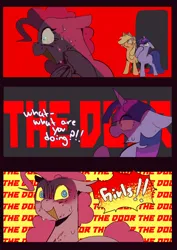 Size: 1413x2000 | Tagged: semi-grimdark, artist:piesinful, derpibooru import, applejack, pinkie pie, twilight sparkle, earth pony, pony, unicorn, comic:unlucky day, fanfic:cupcakes, g4, abstract background, blood, caught, comic, dialogue, female, horn, image, jpeg, mare, shocked, speech bubble, sweat, sweating profusely, swirly eyes, trio, unicorn twilight