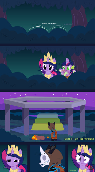 Size: 1793x3252 | Tagged: safe, artist:wheatley r.h., derpibooru import, spike, twilight sparkle, twilight sparkle (alicorn), oc, oc:w. rhinestone eyes, alicorn, changeling, dragon, pony, g4, alicorn costume, bat wings, blue changeling, bush, candy, cempasúchil, clothes, comic, costume, crown, derpibooru exclusive, duo, duo male and female, fake cutie mark, fake horn, fake wings, female, flower, folded wings, food, forest, honeypot changeling, hood, image, jewelry, jpeg, male, mare, nature, night, night sky, nightmare night, nightmare night costume, outdoors, rear view, regalia, sack, scared, skull, skull mask, sky, stallion, structure, tree, twilight sparkle costume, vector, watermark, winged spike, wings