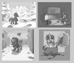 Size: 2000x1699 | Tagged: safe, artist:gor1ck, derpibooru import, oc, unofficial characters only, bear, pony, unicorn, beanie, black and white, clothes, forest, grayscale, hat, horn, image, jpeg, lying down, magic, male, monochrome, mouth hold, nature, present, prone, running, scarf, sketch, snow, snowfall, solo, stallion, telekinesis, television, tree