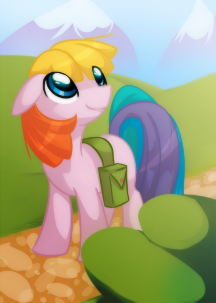 Size: 571x800 | Tagged: safe, artist:professoroakward, derpibooru import, earth pony, pony, g3, g4, 2012, bag, female, floppy ears, g3 to g4, generation leap, image, looking up, mountain, outdoors, png, saddle bag, smiling, tail, toola-roola