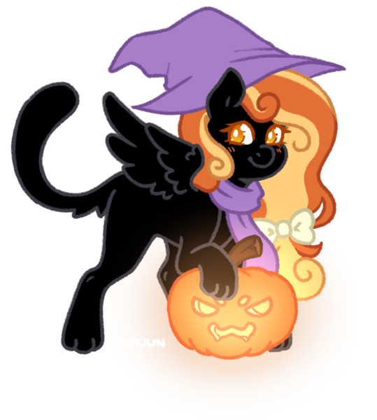 Size: 997x1110 | Tagged: safe, artist:kazmuun, derpibooru import, oc, unofficial characters only, cat, cat pony, original species, sphinx, blush lines, blushing, cat tail, clothes, colored eyelashes, commission, halloween, hat, holiday, image, jack-o-lantern, looking at you, orange eyelashes, paws, png, pumpkin, scarf, simple background, solo, tail, transparent background, white pupils, witch hat, ych result