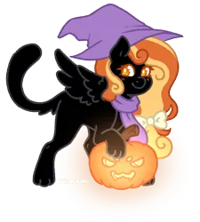 Size: 997x1110 | Tagged: safe, artist:kazmuun, derpibooru import, oc, unofficial characters only, cat, cat pony, original species, sphinx, blush lines, blushing, cat tail, clothes, colored eyelashes, commission, halloween, hat, holiday, image, jack-o-lantern, looking at you, orange eyelashes, paws, png, pumpkin, scarf, simple background, solo, tail, transparent background, white pupils, witch hat, ych result