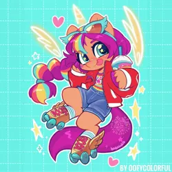 Size: 4000x4000 | Tagged: safe, artist:colorfulcolor233, derpibooru import, sunny starscout, alicorn, earth pony, pony, semi-anthro, g5, my little pony: a new generation, :p, abstract background, alicornified, arm hooves, artificial horn, artificial wings, augmented, clothes, cute, drink, eye clipping through hair, female, heart, high res, horn, image, jpeg, looking at you, magic, magic horn, magic wings, mane stripe sunny, mare, ponytail, race swap, roller skates, signature, skates, smiling, smiling at you, smoothie, solo, sparkles, starry eyes, stars, sunglasses, sunnybetes, sunnycorn, tongue out, wingding eyes, wingdings, wings