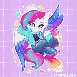 Size: 4000x4000 | Tagged: safe, artist:colorfulcolor233, derpibooru import, zipp storm, pegasus, pony, semi-anthro, g5, adorazipp, backpack, clothes, colored wings, cute, denim, eye clipping through hair, eyebrows, eyebrows visible through hair, female, gradient wings, grin, heart, high res, image, jeans, jpeg, looking at you, mare, multicolored wings, pants, signature, smiling, smiling at you, solo, spread wings, teeth, unshorn fetlocks, wings