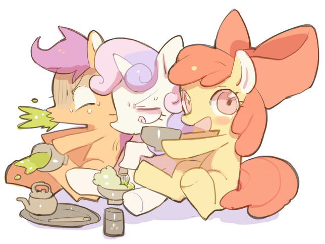 Size: 644x484 | Tagged: safe, artist:rikose, derpibooru import, apple bloom, scootaloo, sweetie belle, earth pony, pegasus, pony, unicorn, g4, :d, blushing, cup, cutie mark crusaders, female, filly, foal, food, green tea, holding, horn, image, looking at you, open mouth, open smile, png, simple background, sitting, smiling, spit take, sweat, sweatdrop, tea, tea party, teacup, teapot, white background