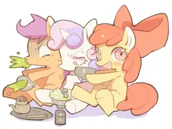 Size: 644x484 | Tagged: safe, artist:rikose, derpibooru import, apple bloom, scootaloo, sweetie belle, earth pony, pegasus, pony, unicorn, g4, :d, blushing, cup, cutie mark crusaders, female, filly, foal, food, green tea, holding, horn, image, looking at you, open mouth, open smile, png, simple background, sitting, smiling, spit take, sweat, sweatdrop, tea, tea party, teacup, teapot, white background