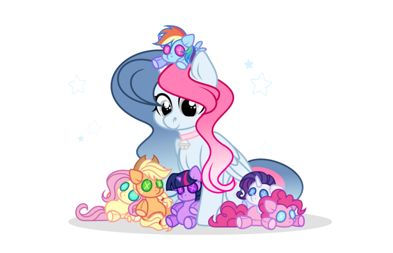 Size: 3429x2209 | Tagged: safe, artist:darbypop1, derpibooru import, applejack, fluttershy, pinkie pie, rainbow dash, rarity, twilight sparkle, oc, oc:melody everbelle, alicorn, pony, female, image, mane six, mare, plushie, png, simple background, transparent background