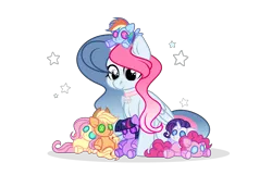 Size: 3429x2209 | Tagged: safe, artist:darbypop1, derpibooru import, applejack, fluttershy, pinkie pie, rainbow dash, rarity, twilight sparkle, oc, oc:melody everbelle, alicorn, pony, female, image, mane six, mare, plushie, png, simple background, transparent background