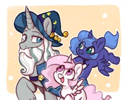 Size: 1280x1024 | Tagged: safe, artist:colorfulcolor233, derpibooru import, princess celestia, princess luna, star swirl the bearded, alicorn, pony, unicorn, g4, blank flank, cewestia, chest fluff, cute, cutelestia, eye clipping through hair, female, filly, filly celestia, filly luna, foal, horn, image, male, open mouth, pink-mane celestia, png, royal sisters, siblings, sisters, stallion, trio, woona, younger