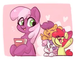 Size: 1280x1024 | Tagged: safe, artist:colorfulcolor233, derpibooru import, apple bloom, cheerilee, scootaloo, sweetie belle, earth pony, pegasus, pony, unicorn, g4, abstract background, adorabloom, book, cheeribetes, chest fluff, cute, cutealoo, cutie mark crusaders, diasweetes, eye clipping through hair, eyes closed, female, filly, foal, heart, horn, image, mare, open mouth, png, teacher